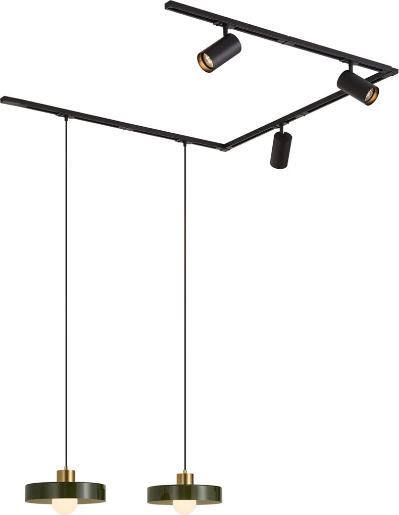 Sistema de calhas moderno preto com 2 candeeiros pendentes verdes e 3 focos monofásico - Iconic Jeana Luxe Jina