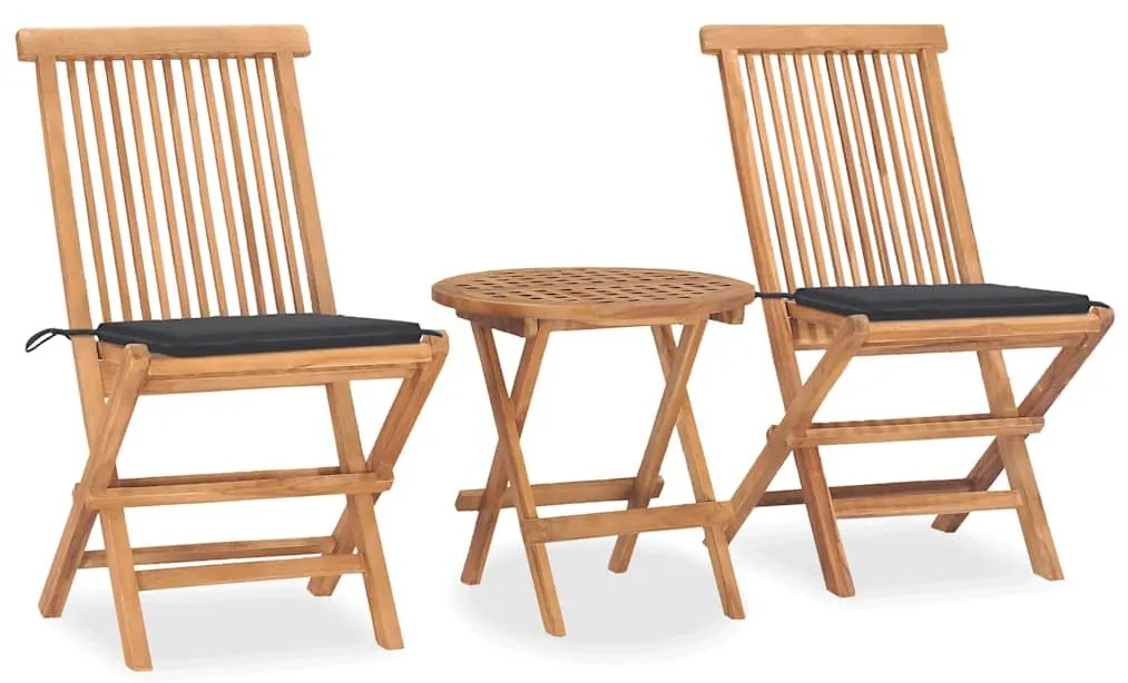 3 pcs conj. jantar dobrável exterior c/ almofadão teca maciça