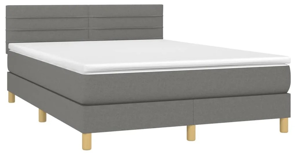 Cama box spring c/ colchão e LED 140x190 cm tecido cinza-escuro