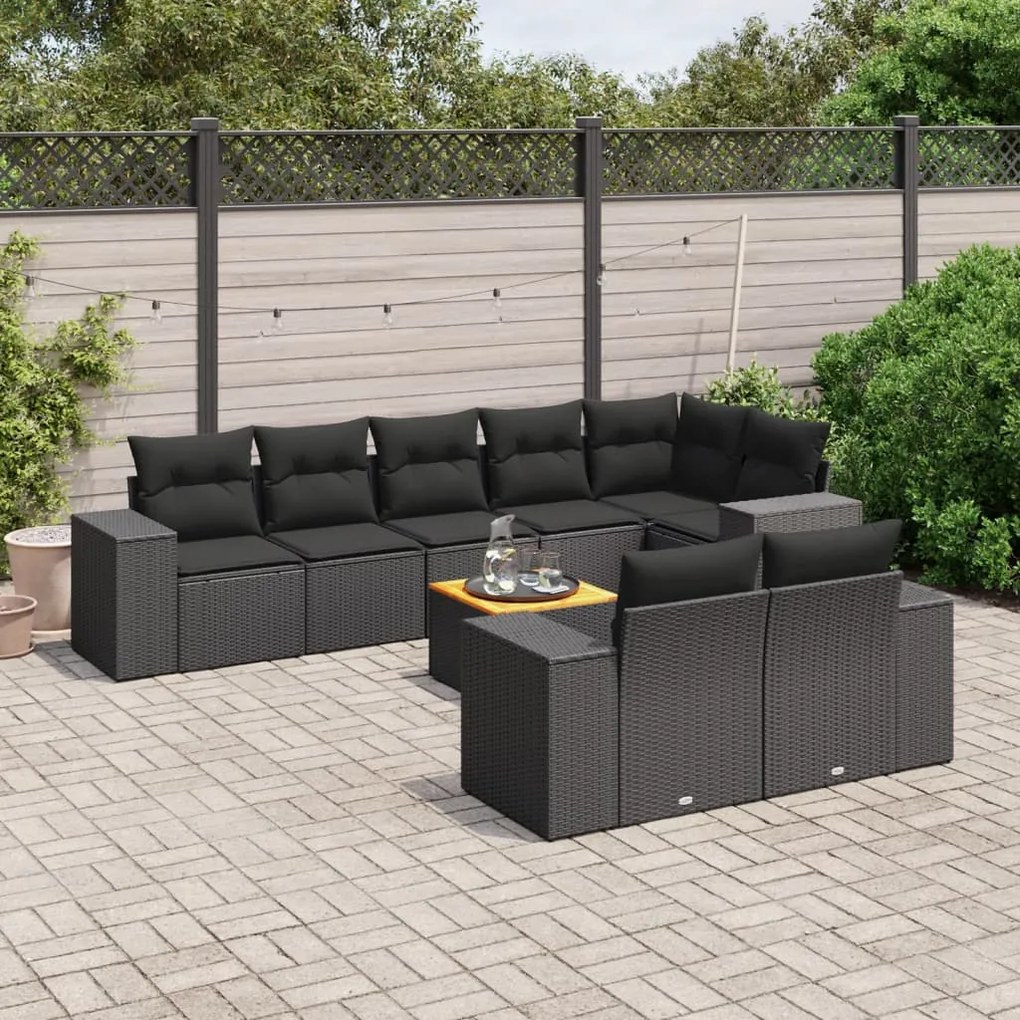 9 pcs conjunto de sofás p/ jardim c/ almofadões vime PE preto