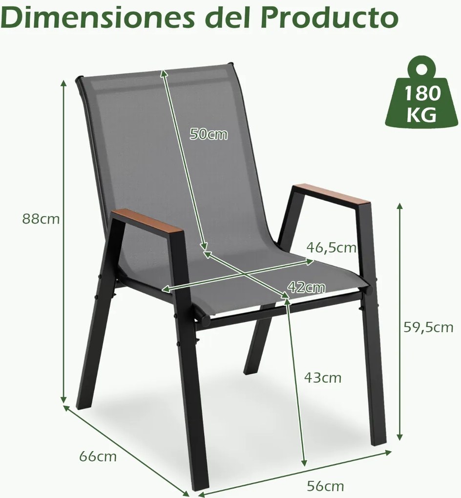 Conjunto de 2 cadeiras de jardim empilháveis, com encosto alto e braços, ergonómicas, em metal e tecido respirável, para terraço ou pátio, cinza