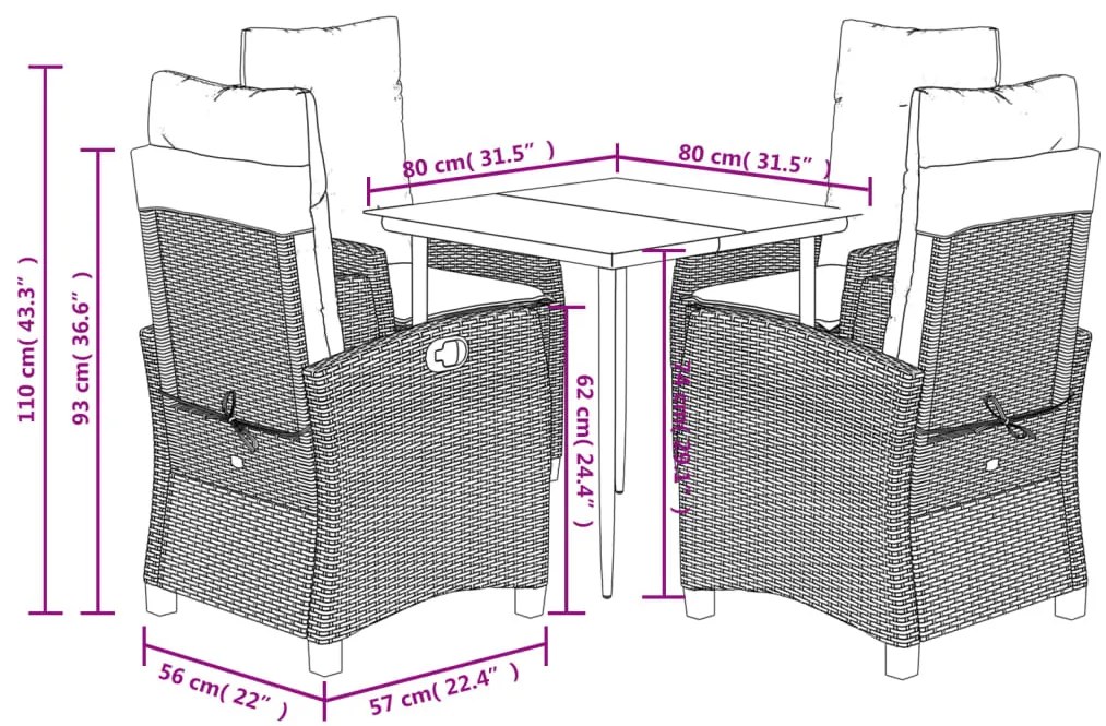 5 pcs conjunto de jantar p/ jardim com almofadões vime PE bege