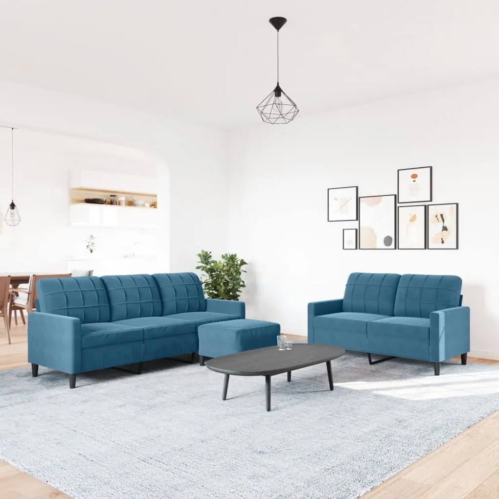 3 pcs conjunto de sofás com almofadões veludo azul