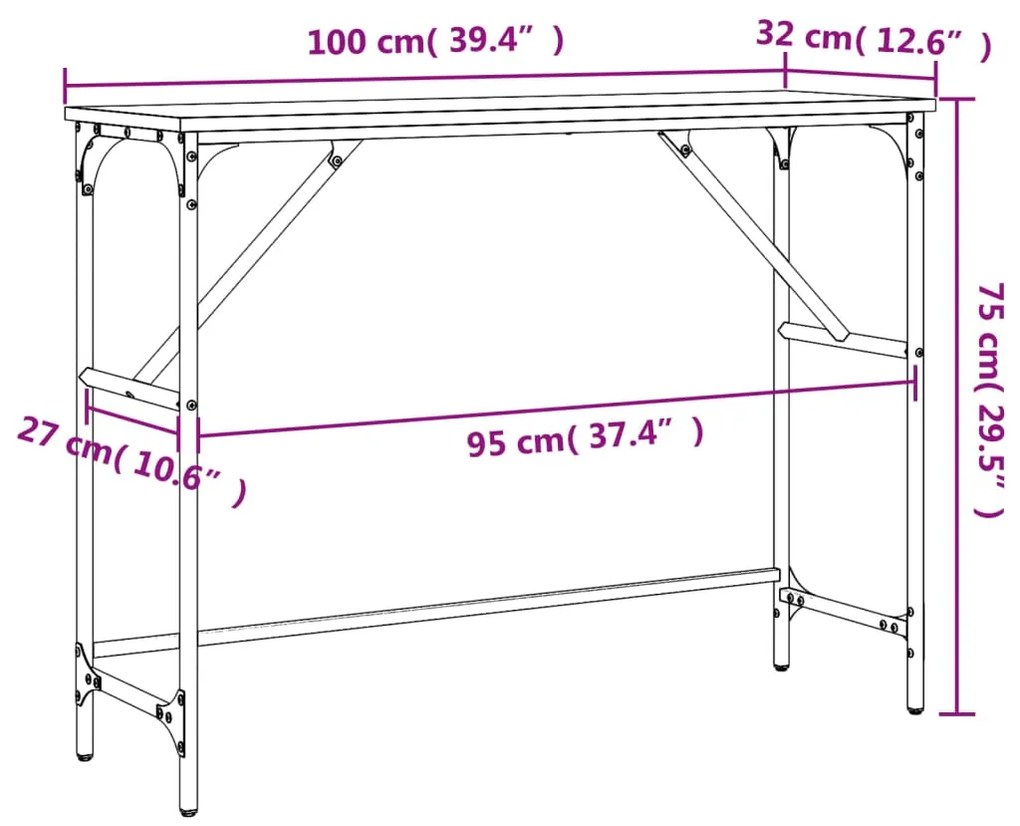 Mesa consola 100x32x75 cm derivados madeira carvalho castanho