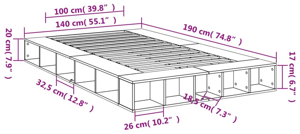Estrutura cama 140x190 cm derivados de madeira cinzento sonoma