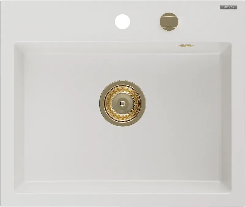 Mexen Oscar lava-loiça em granito de 1 cuba 580 x 490 mm, branco, sifão dourado - 6519581000-20-G