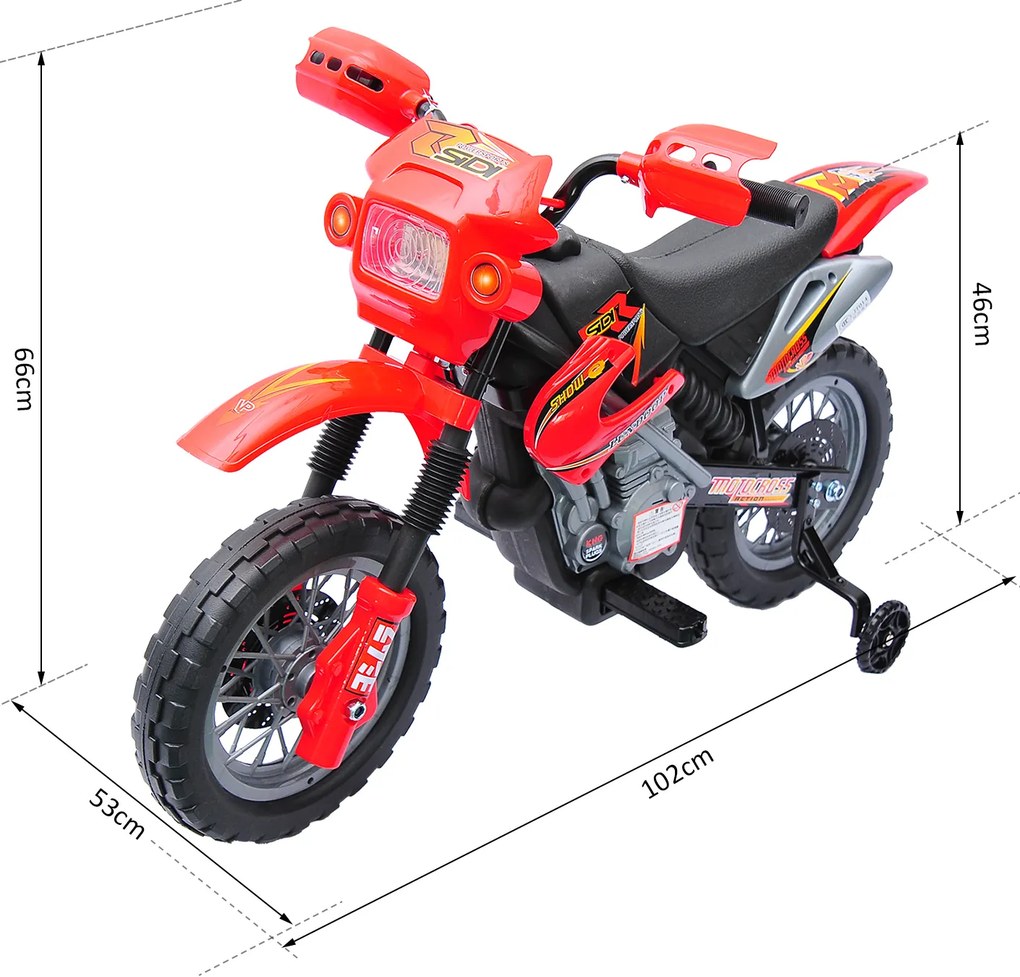 Mota Elétrica para Crianças Bateria 6V para Crianças acima de 3 a 5 Anos até 25kg com Rodas de Apoio 102x53x66 cm Vermelho e Preto
