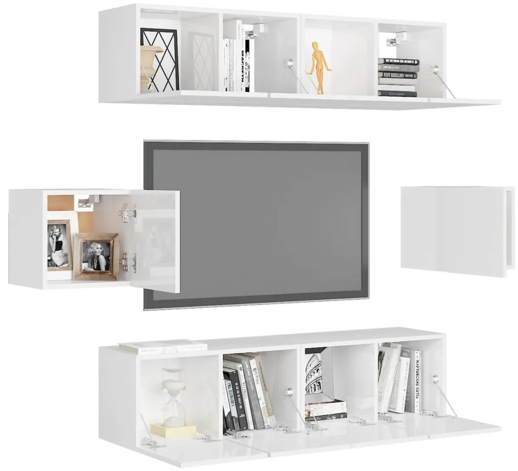 6 pcs conjunto de móveis de TV contraplacado branco brilhante