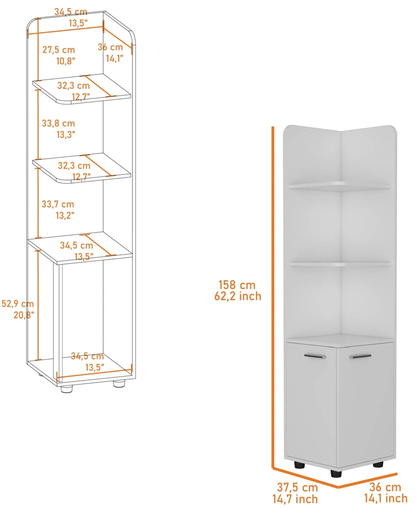 Armário canto cozinha de despensa Malibu com 2 portas e 3 prateleiras, 158 x 14,1 x 14,7 cm branco