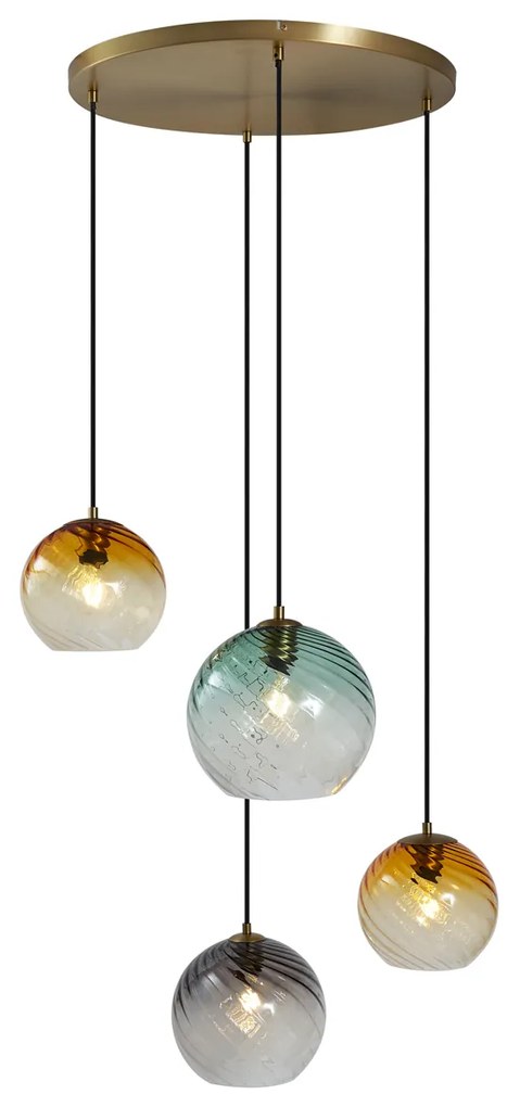 Candeeiro suspenso bronze com vidro fumado âmbar e verde redondo 4 luzes - Bao Art Deco