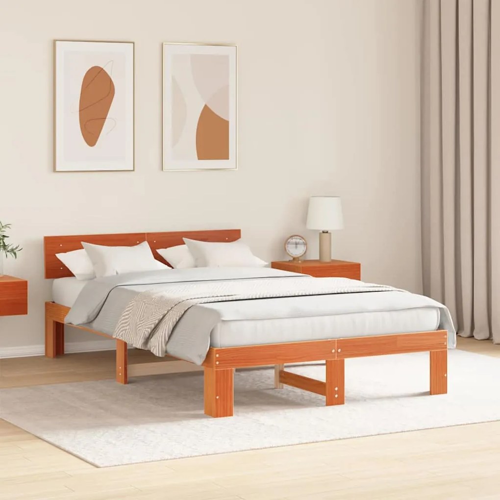 Estrado de Cama com Cabeceira Castanho 120x200 cm Madeira de Pinho