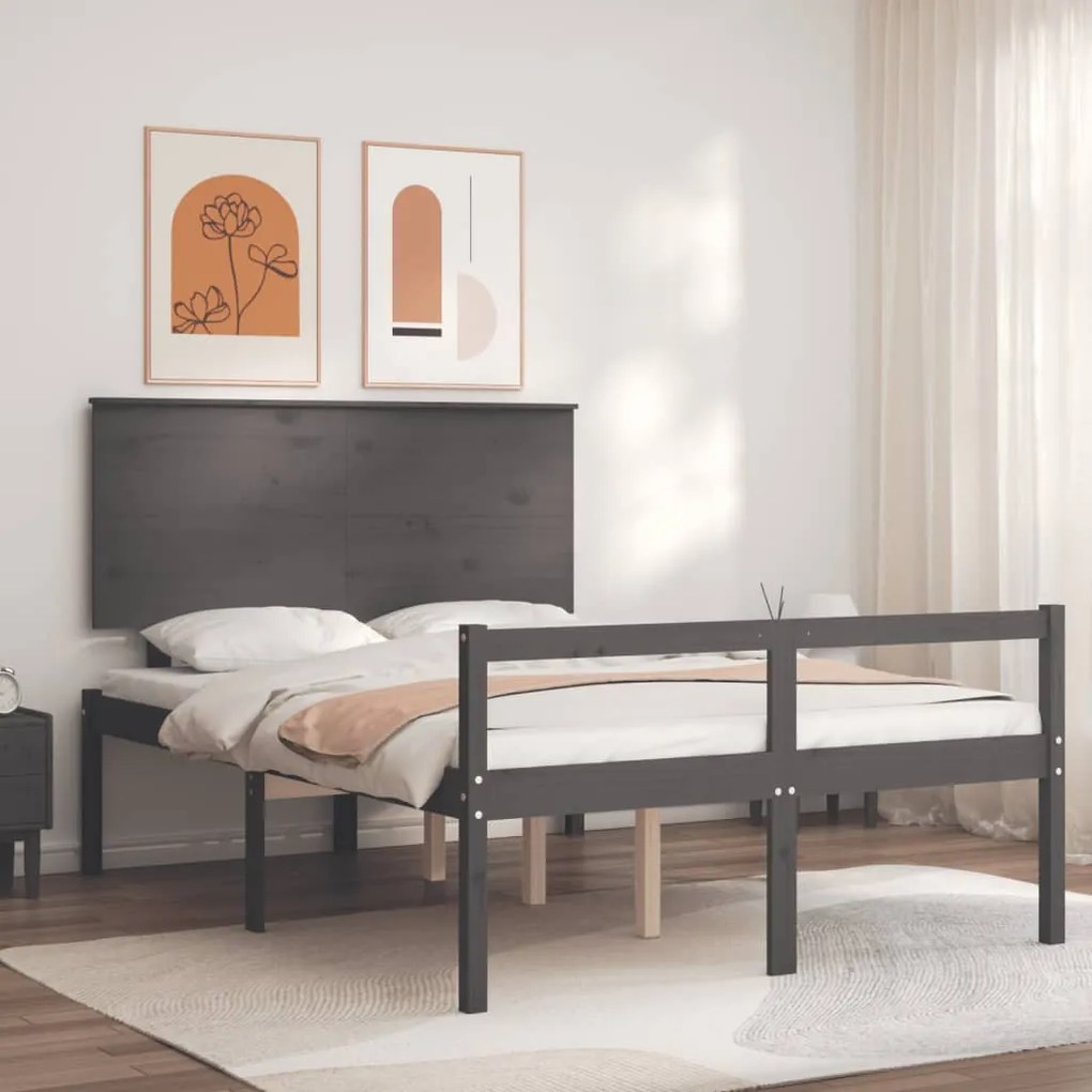 Estrutura de cama de casal com cabeceira madeira maciça cinza