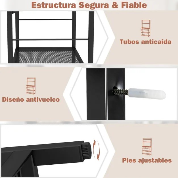 Estante de cozinha com 6 níveis, 6 prateleiras, 6 ganchos, suporte inclinado para garrafas e 2 prateleiras de rede 90 x 35 x 165 cm Castanho rústico