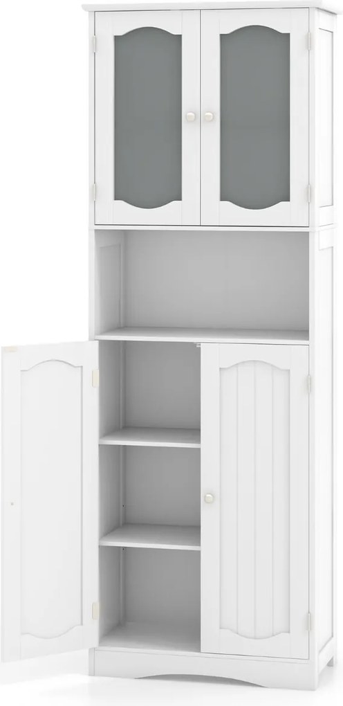 Armário de casa de banho, cozinha 60 x 30 x 164 cm com portas de vidro fosco Estantes de cozinha Sala de estar Branco