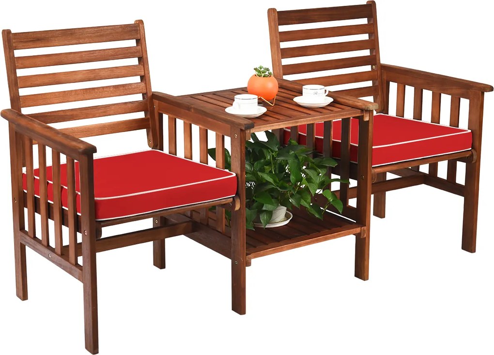 Conjunto de mesa e cadeira de 2 lugares em madeira de acácia para exterior com almofadas para pátio jardim castanho e vermelho