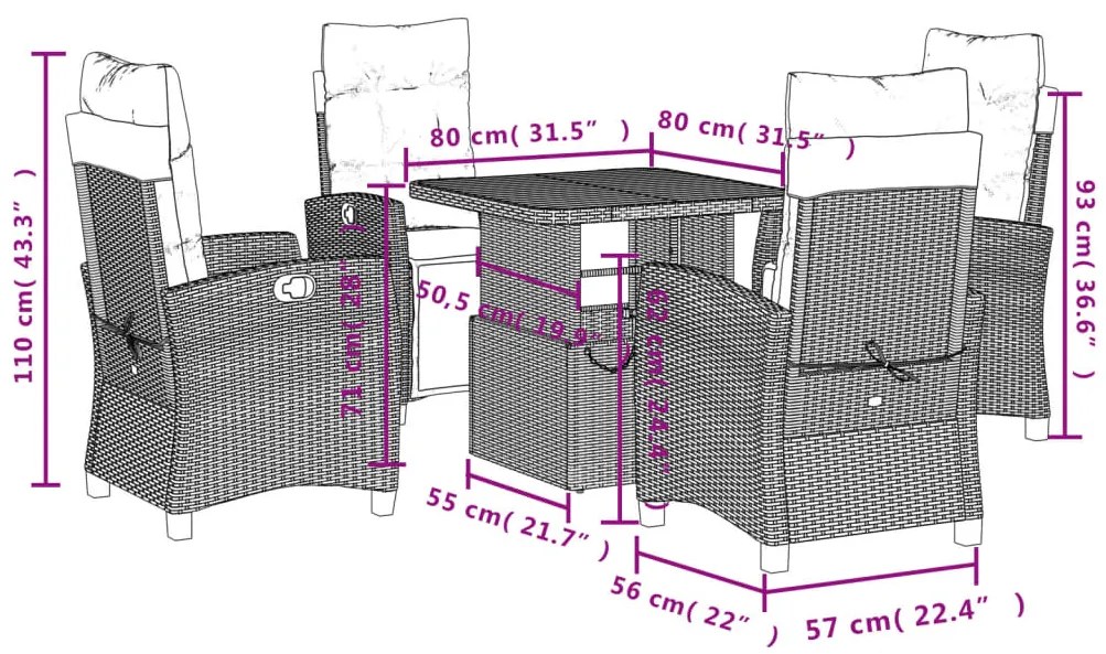 5 pcs conjunto de jantar p/ jardim c/ almofadões vime PE preto