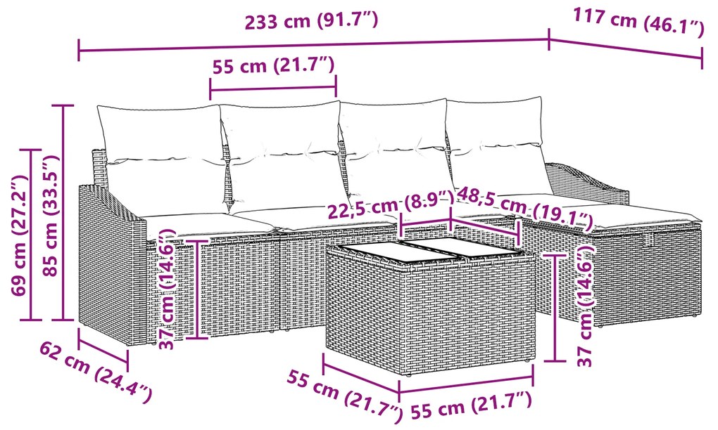 Conjunto de Sofás de Jardim de 6 Peças com Almofadas Polirattan Preto