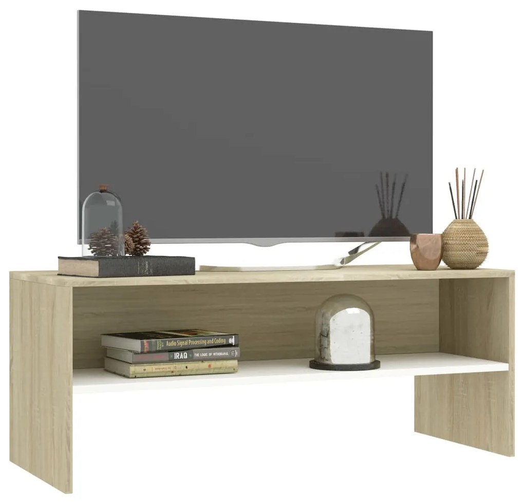 Móvel de TV 100x40x40 cm contraplacado branco e carvalho sonoma