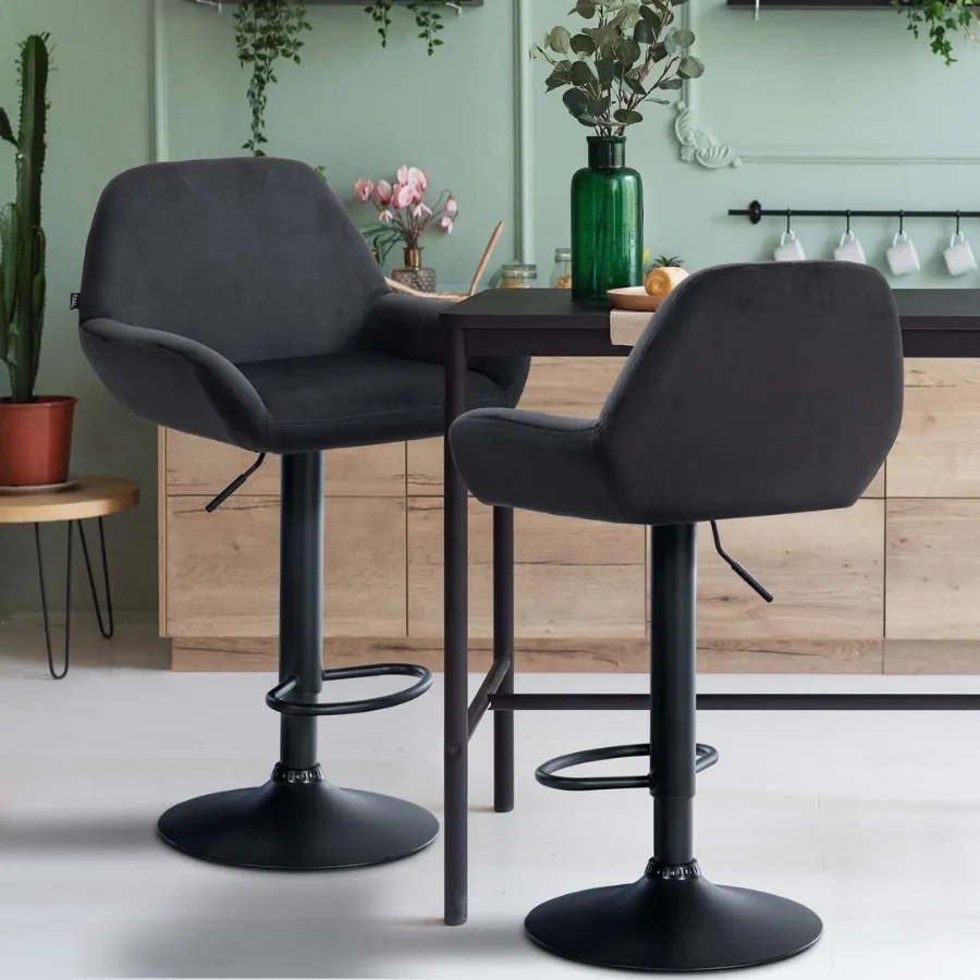 Banco de bar Braga em veludo (1 UNIDADE) com estrutura preta 51 x 89-109 x 52 cm Preto