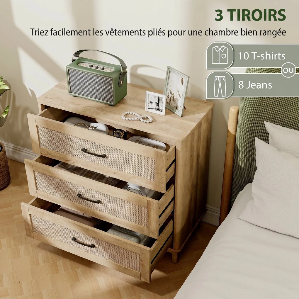 Cómoda de 3 Gavetas, 76 x 35 x 76 cm, Frentes em Rotim Natural, Carvalho