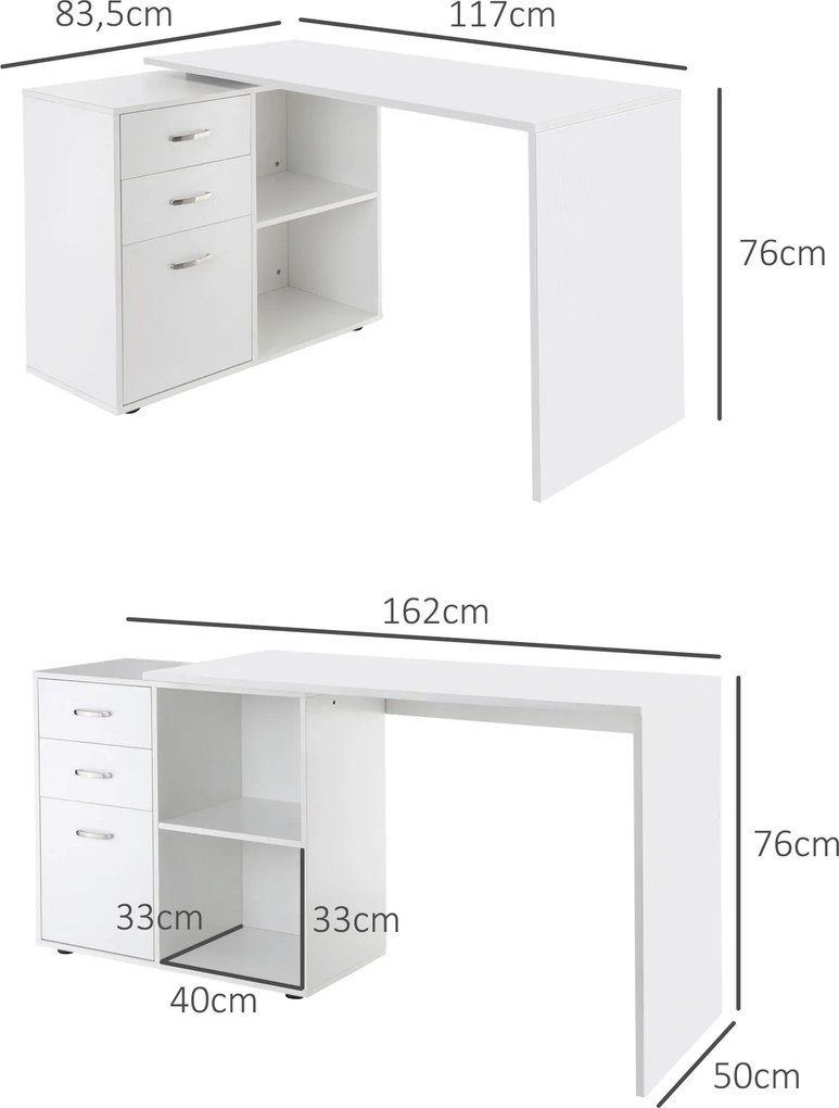 Secretária de canto, secretária reta modular, mesa de jantar 2 em 1, secretária para computador, 3 gavetas + 2 compartimentos abertos