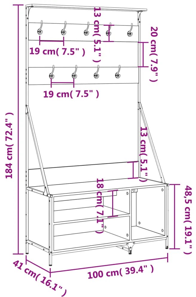 Bengaleiro com arrumação calçado 100x41x184 cm cinza sonoma