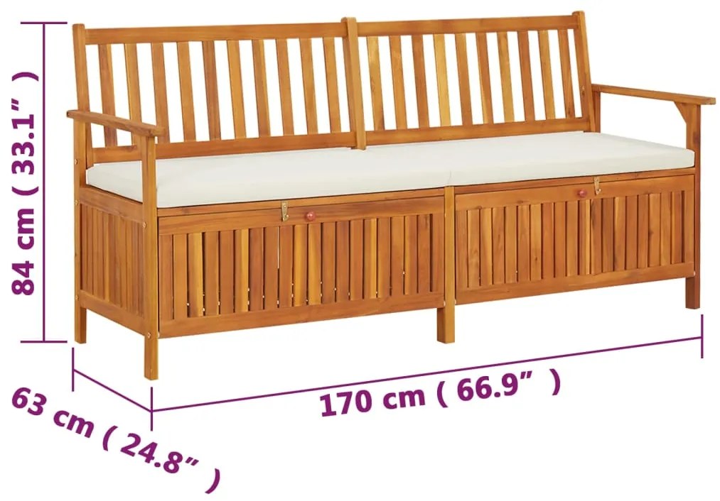 Banco de arrumação c/ almofadão 170 cm madeira de acácia maciça