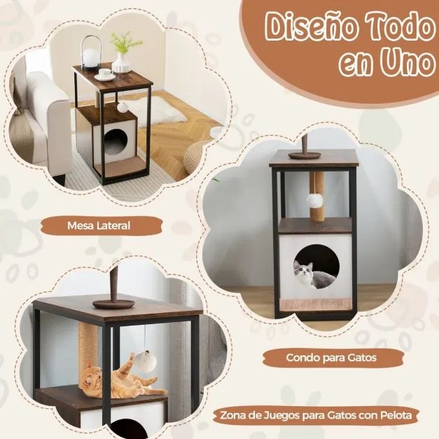 Mesa de apoio com arranhador e Casa do gato Tapete de arranhar amovível Brinquedo de bola Castanho