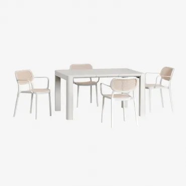 Conjunto De Mesa Retangular 140x100 Cm Arnadine E 4 Cadeiras De Jantar Empilháveis Com Apoios De Braços Em Polipropileno Omara Gardénia Branco - Sklum