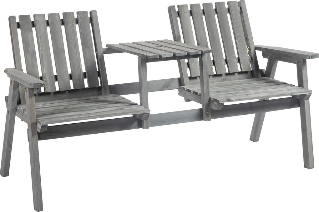 Outsunny Banco de jardim com mesa, conjunto de assentos, mobiliário para jardim, com furo para guarda-sol, banco, 2 cadeiras, madeira maciça, Cinza, 152 x 70 x 83 cm | Aosom Portugal
