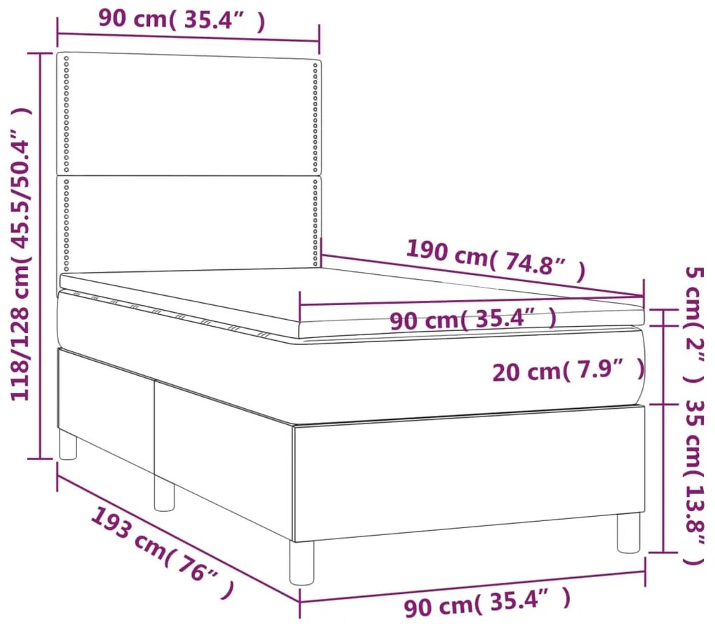 Cama box spring c/ colchão/LED 90x190 cm tecido castanho-escuro