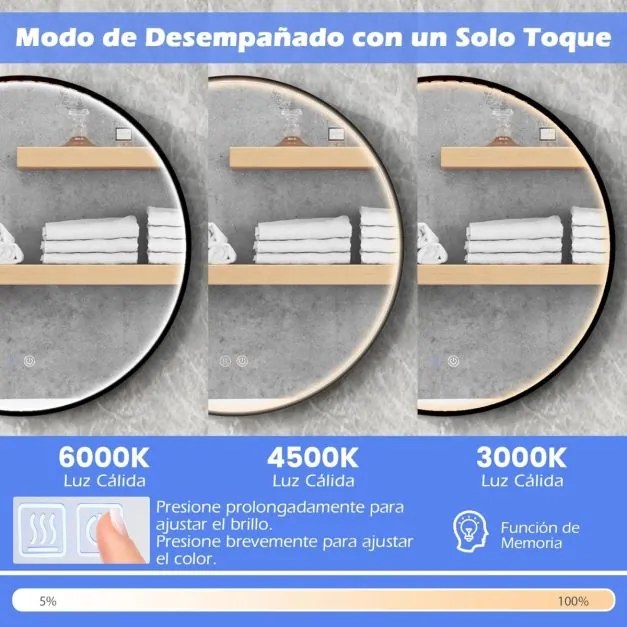 Espelho de banho redondo antiembaciamento LED 60 x 60 cm com função de memória Moldura de alumínio Preto