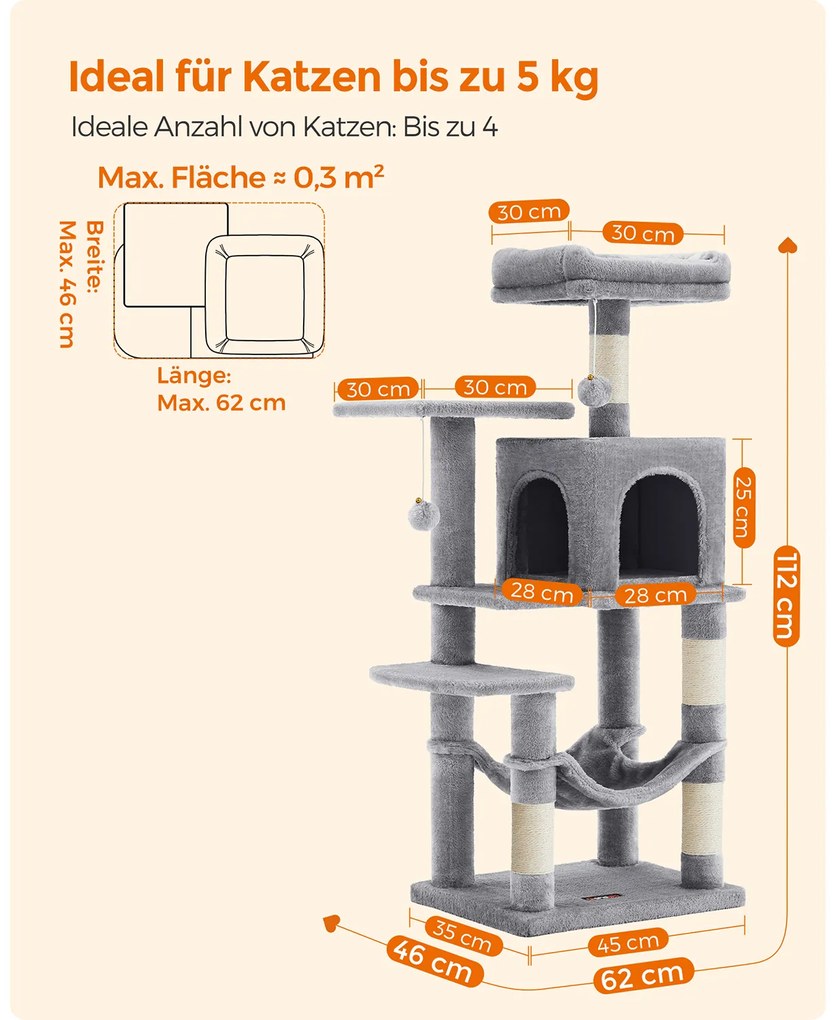 Arranhador para gatos com cama de rede e caverna 45 x 35 x 112 cm cinzento claro