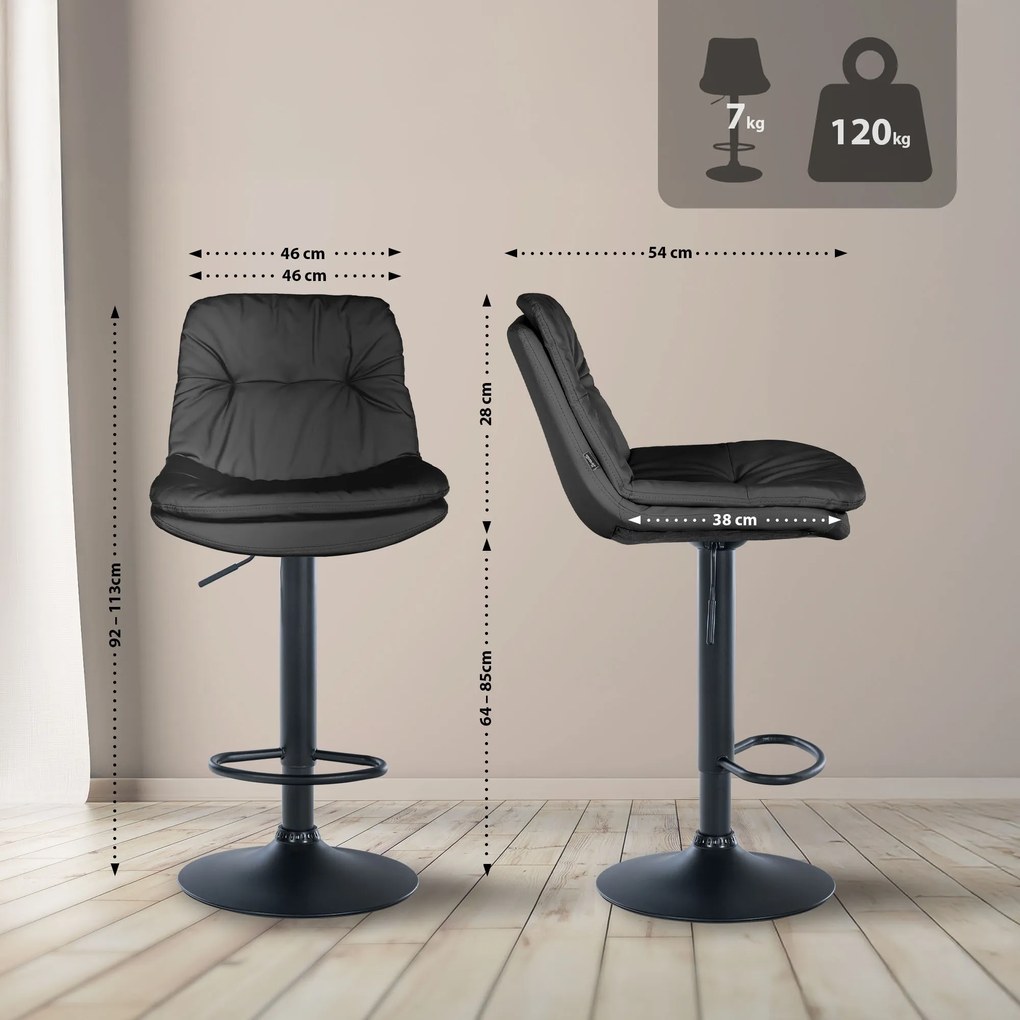 Banco de bar em couro sintético com estrutura preta 92-113 x 46 x 54 cm preto