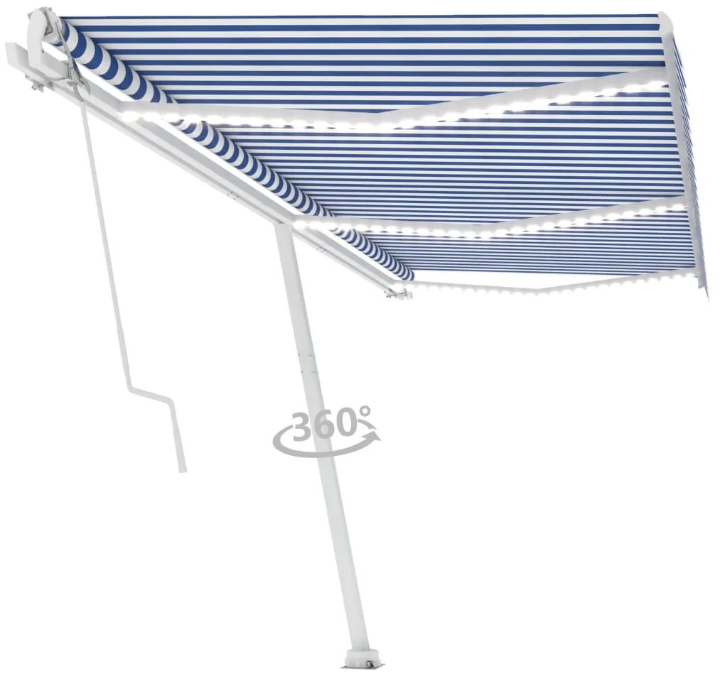 Toldo automático LED e sensor de vento 600x300 cm azul e branco