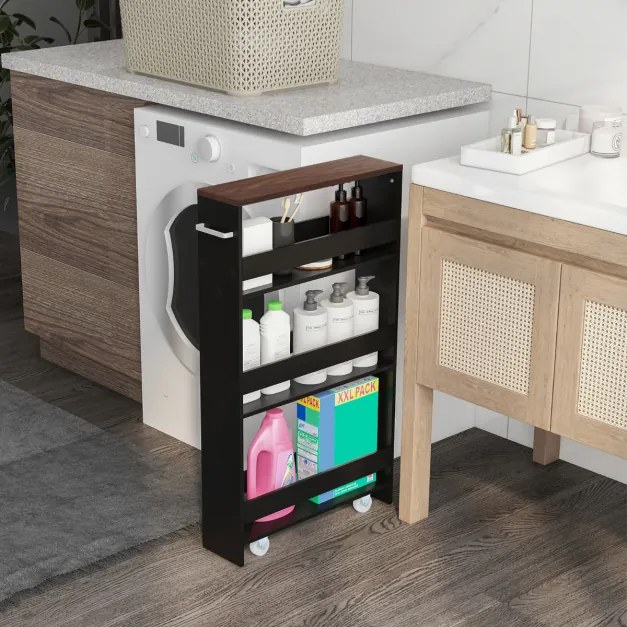Carrinho de cozinha de armazenamento estreito para cozinha com 4 prateleiras e organizador móvel economiza espaço 48 x 13 x 81 cm Castanho + Preto