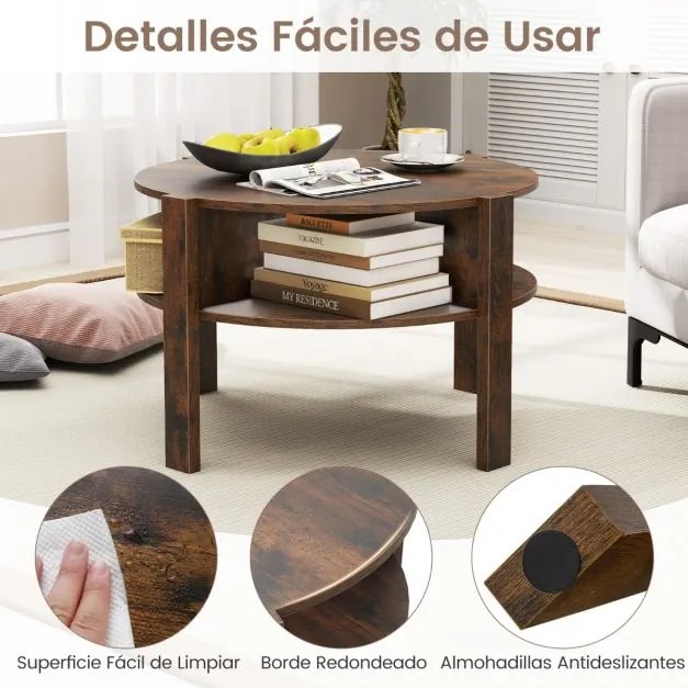 Mesa de centro redonda de 2 níveis com armazenamento de 74,5 cm com 4 prateleiras Castanha