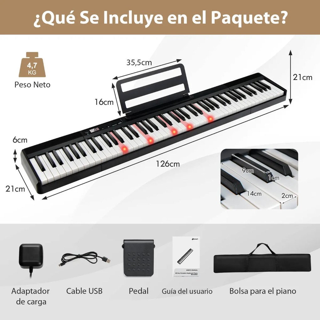 Piano digital portátil com teclado eletrônico de 88 teclas com bolsa de armazenamento, pedal, carregador doméstico USB, para crianças e adultos