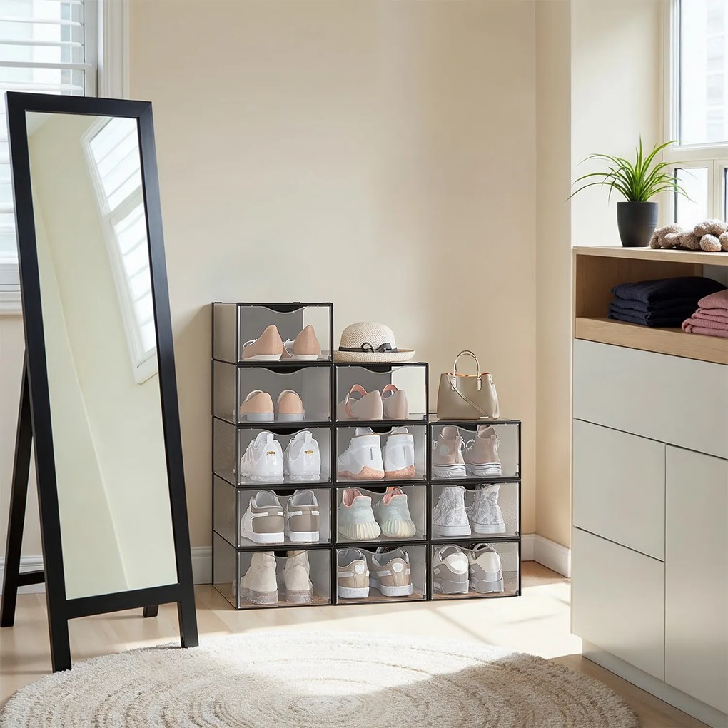 12 x caixas de arrumação para sapatos, em plástico, com porta transparente-preto