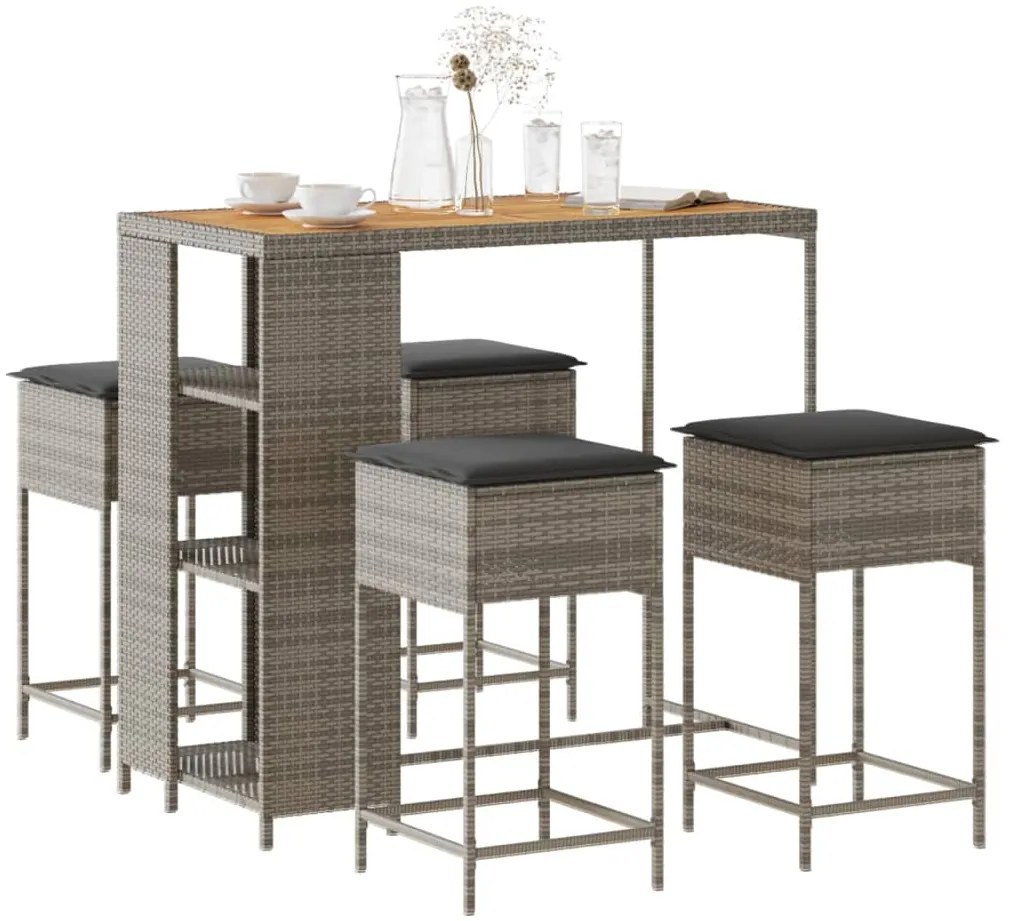 vidaXL 5 pcs conjunto de bar p/ jardim c/ almofadões vime PE cinzento