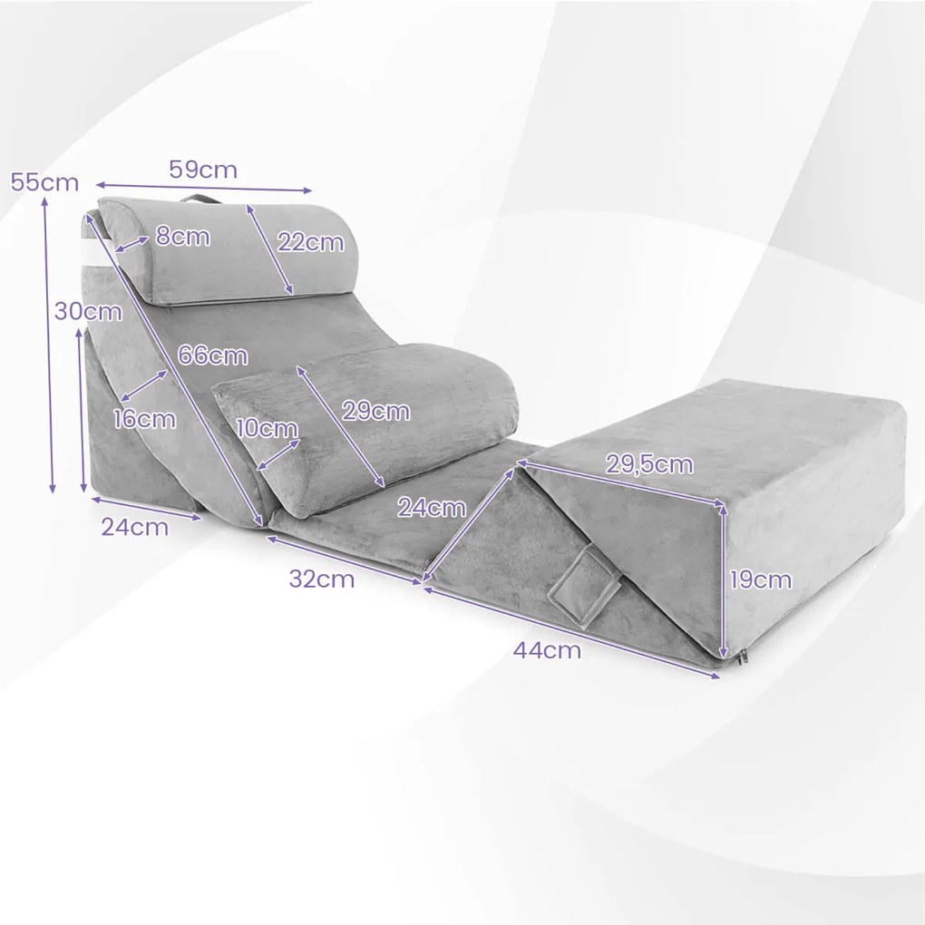 Conjunto de 7 almofadas de espuma viscoelástica ajustáveis para encosto de cama Almofadas de cabeça/pescoço/costas 119 x 59 x 55 cm Cinzento