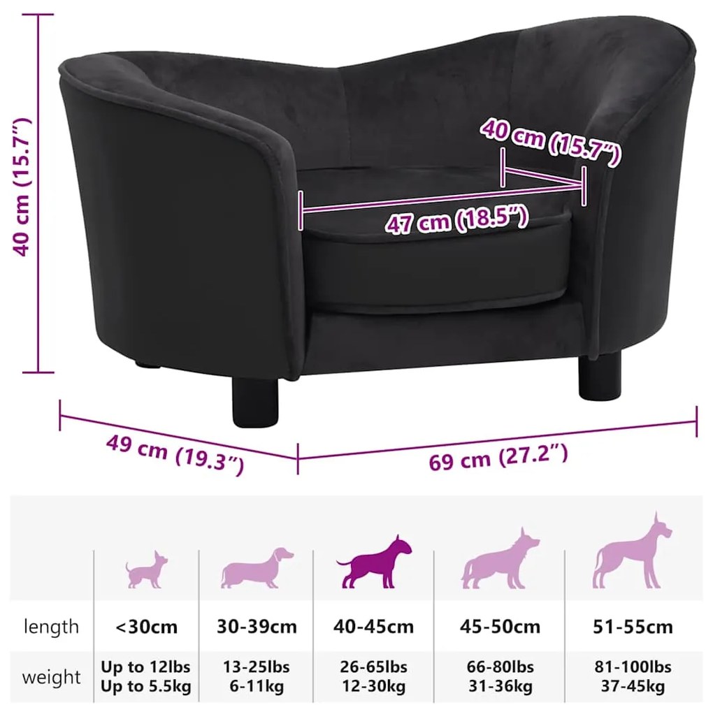 Sofá para cães 69x49x40 cm pelúcia e couro artificial preto