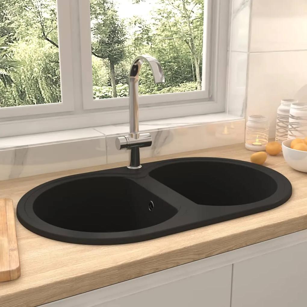 Lava-louça cozinha cuba dupla oval granito preto