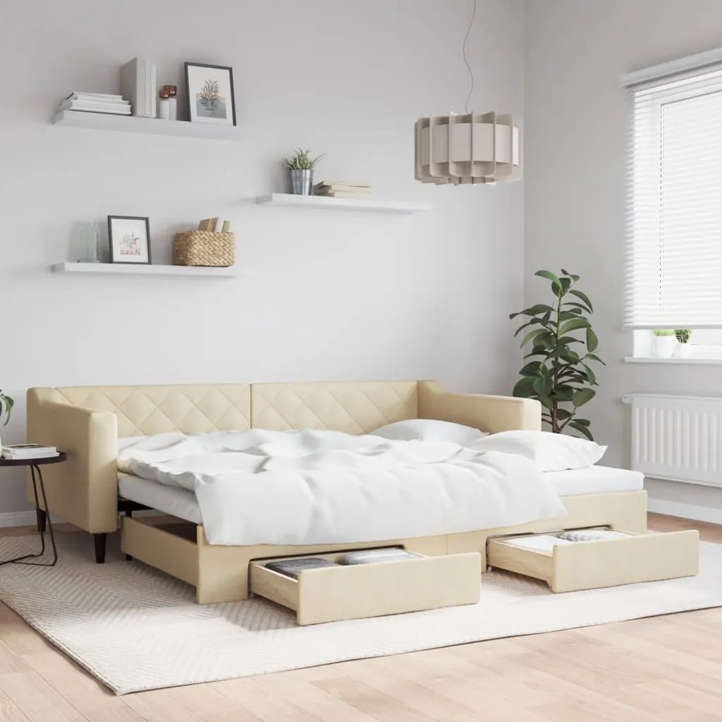 Sofá-cama com gavetão e gavetas 90x200 cm tecido cor creme