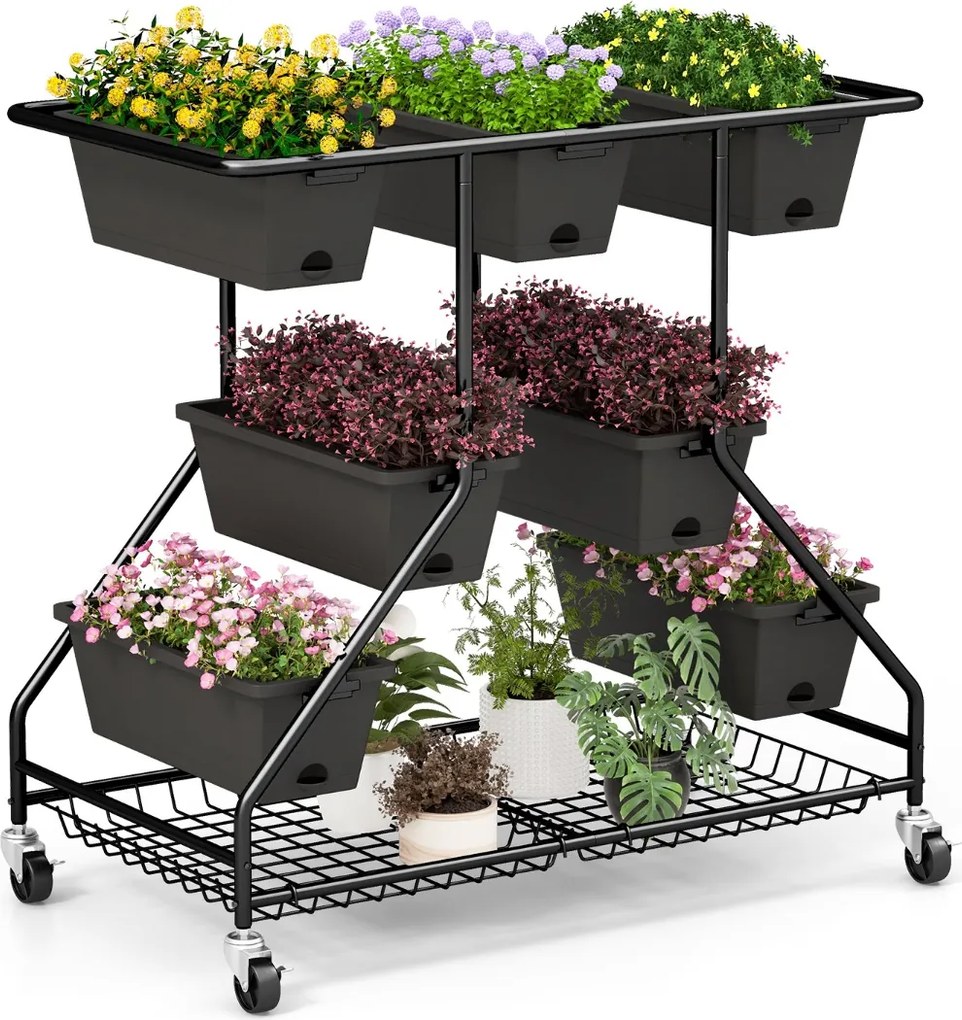 Floreira elevada com rodas 7 caixas de plantação Cestos de arrumação 100 x 56 x 99 cm Preto