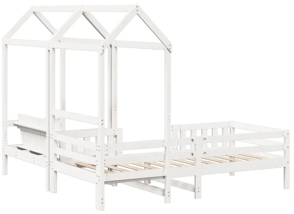 Conj. de cama e banco c/ telhado 100x200 cm pinho maciço branco