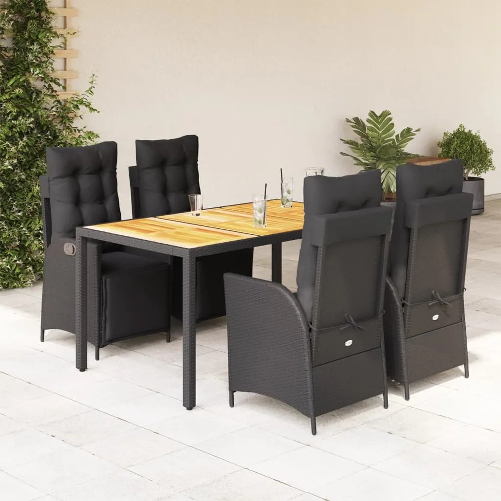vidaXL 5 pcs conjunto de jantar p/ jardim c/ almofadões vime PE preto