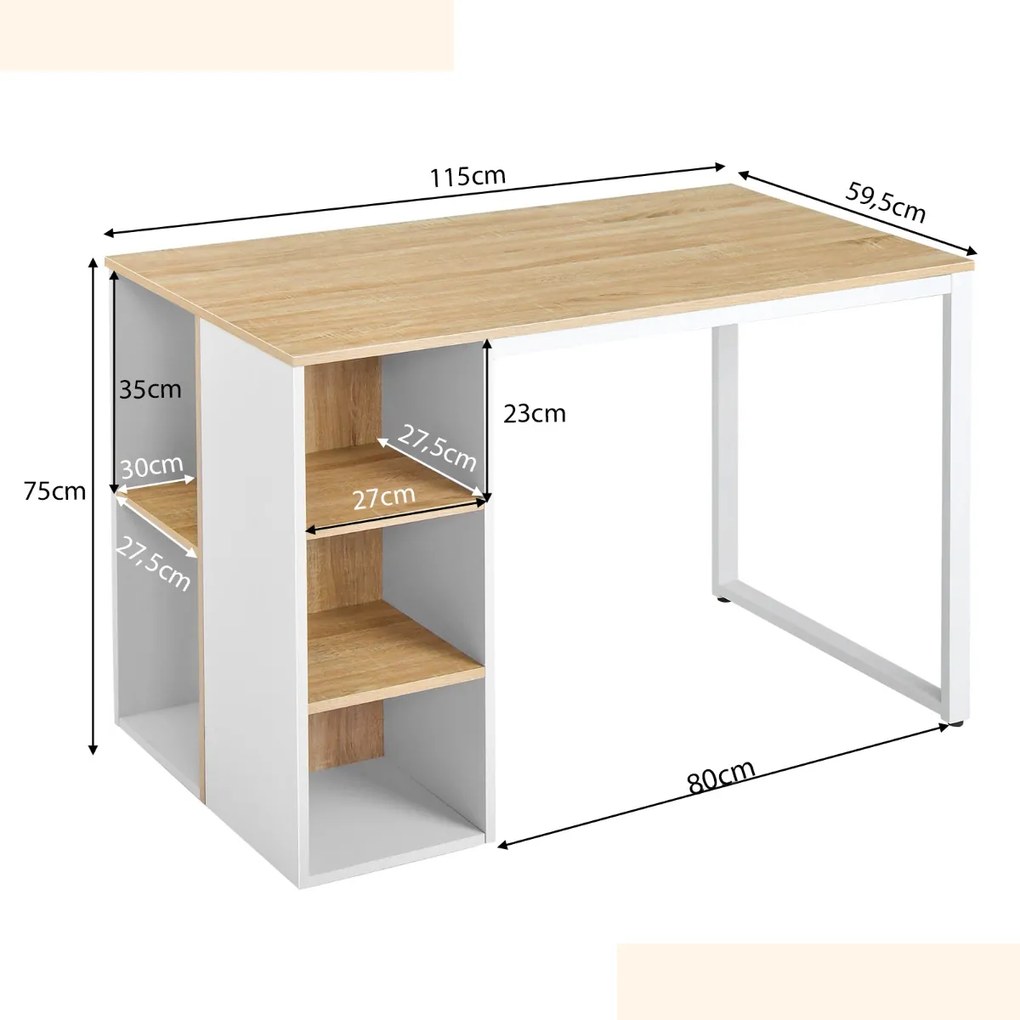 Secretária com 5 Estantes de computador com estrutura metálica 115 x 59,5 x 75 cm Natural e branco