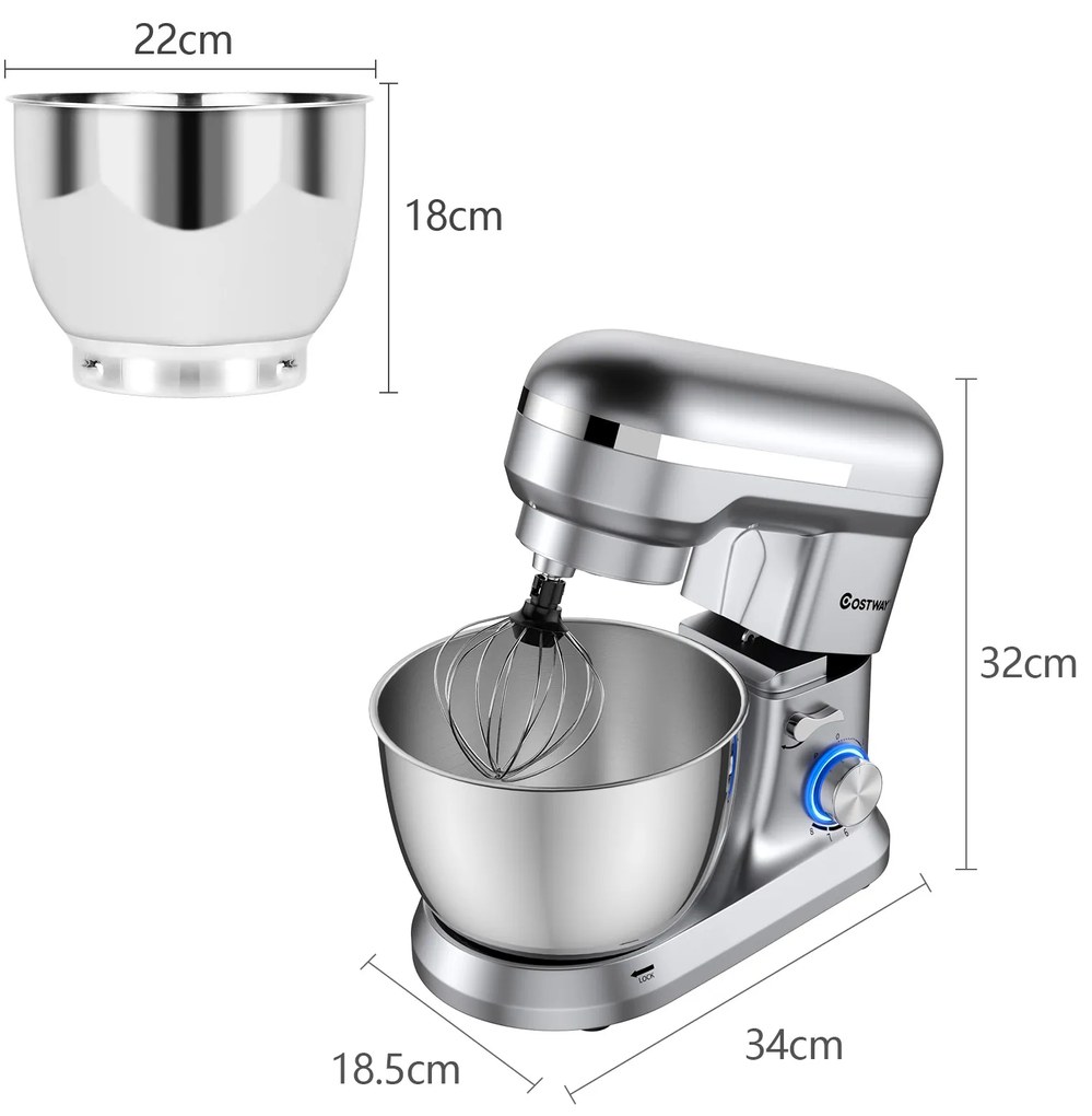 Batedeira eléctrica de 4,5 L com cabeça inclinada 8 velocidades Função Turbo com tigela 34 x 18,5 x 32 cm prata