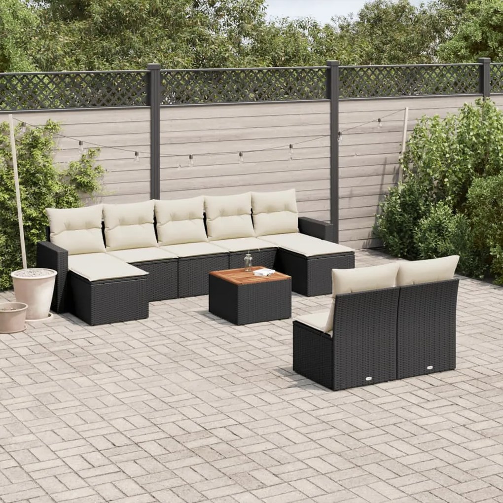 10 pcs conjunto sofás de jardim c/ almofadões vime PE preto